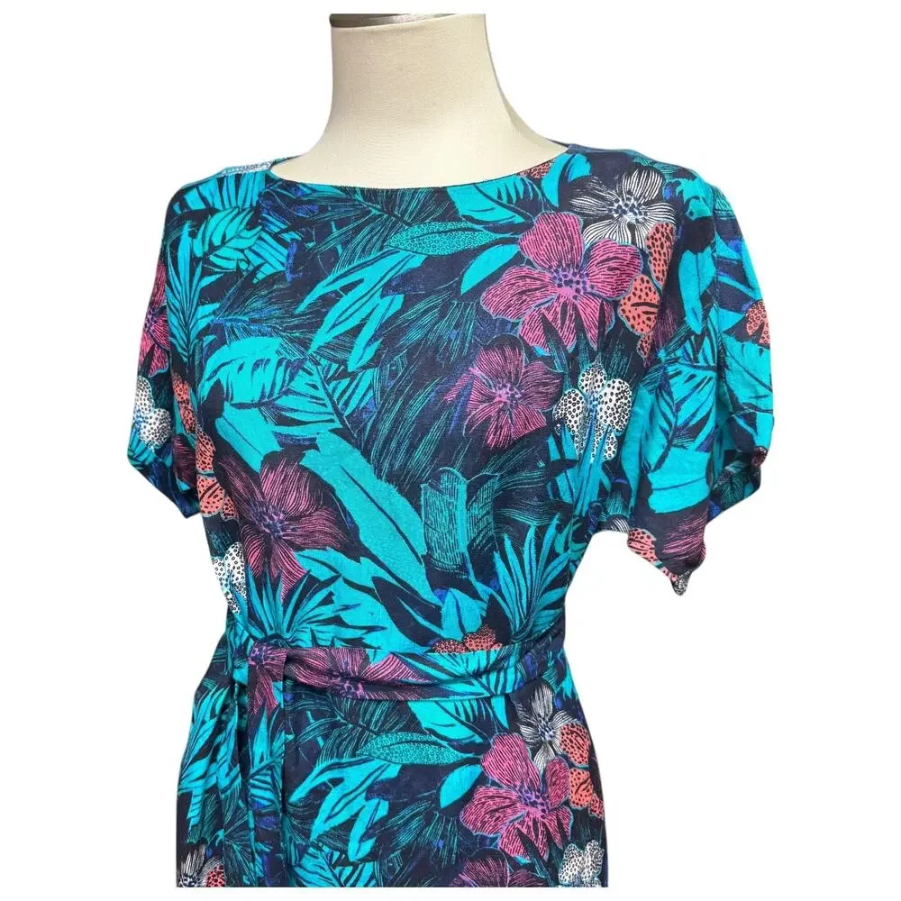Ann Taylor Loft Linen Tropical Midi Dress Blue Green Pink Purple Small Petite